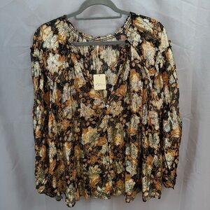 Free People Scorpio Blouse Sheer Ballon Sleeve Metallic Boho NWT Size Medium